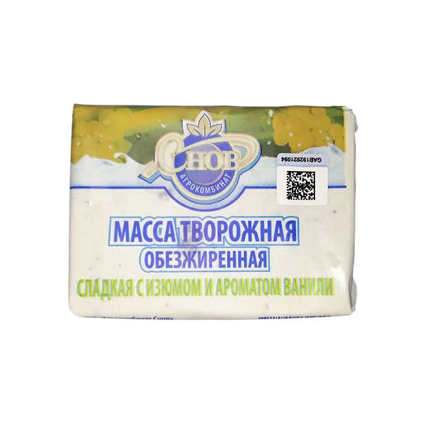 Масса творожная обезжиренная сладкая с изюмом и ароматом ванили 250г Снов
