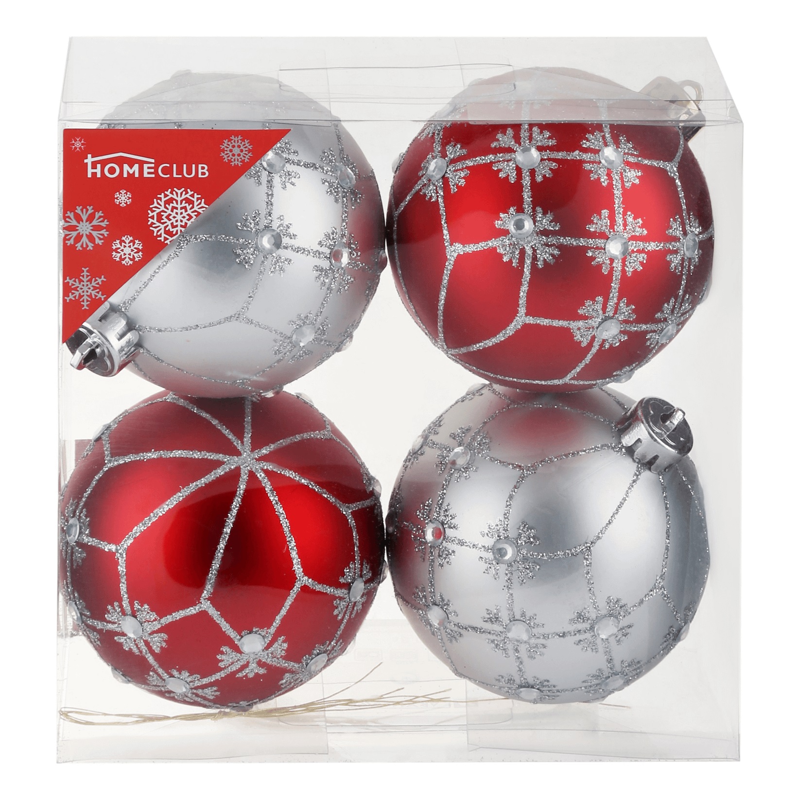

Набор елочных шаров HOMECLUB с декором 8см, красный/серебряный, Арт. TS8413P-01A4, 4шт