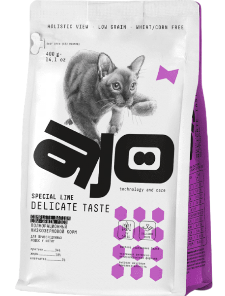 Корм для для привередливых кошек и котят AJO Cat Delicate Taste индейка 400г