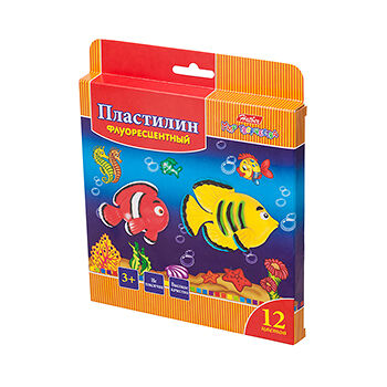 Пластилин Восковой Hatber флюоресцент. 12 цв в упак со стеком Морская семейка, Россия 180 г