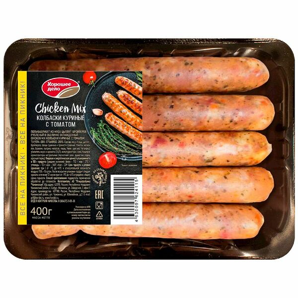 Колбаски Хорошее дело Chicken Mix Куриные с томатами 400 г