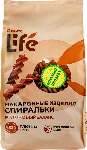 Макароны безглютеновые ЛЕНТА LIFE Спиральки, из гречневой муки с добавлением амарантовой муки