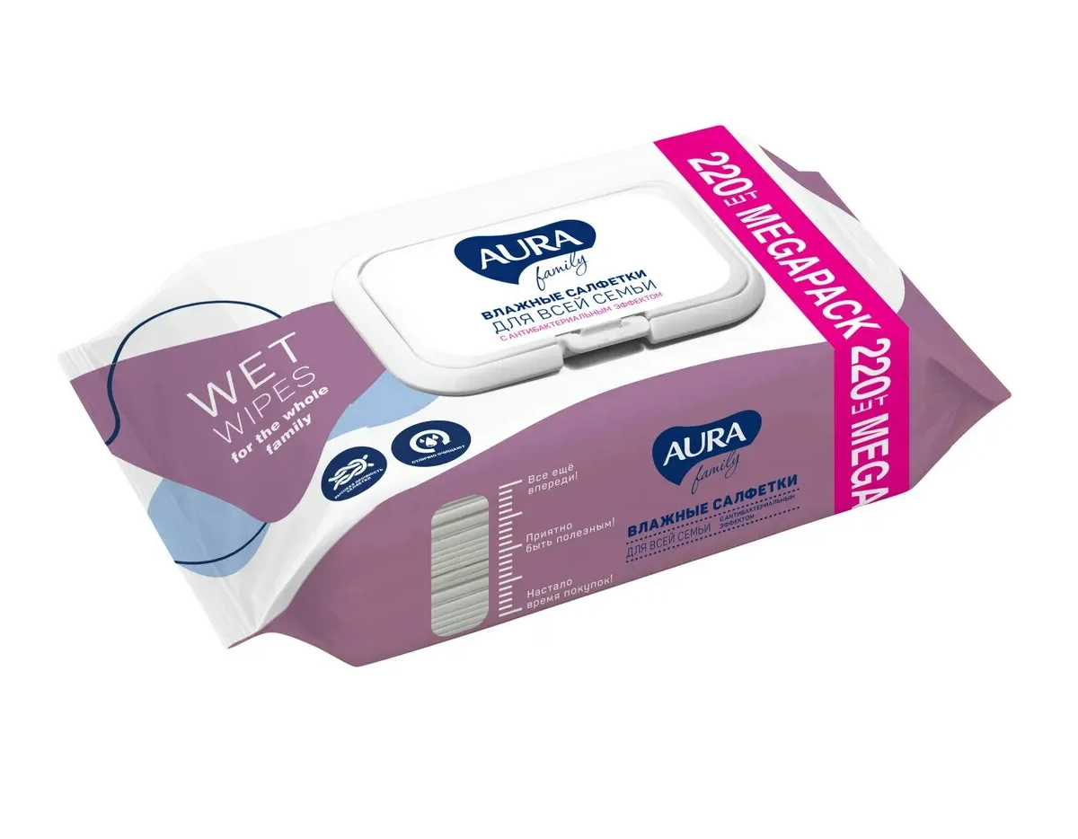 

Салфетки влажные Aura с антибактериальным эффектом, 220 шт
