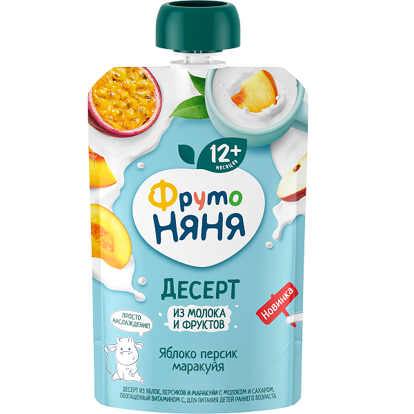 Десерт ФрутоНяня из яблок, персиков и маракуйи с молоком и сахаром 90 г