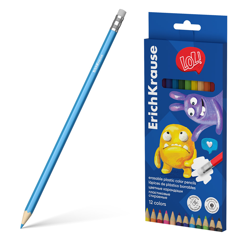 

Карандаши цветные ERICHKRAUSE Jolly friends, шестигранные стираемые, с ластиком, 12 цветов, Арт. 61801