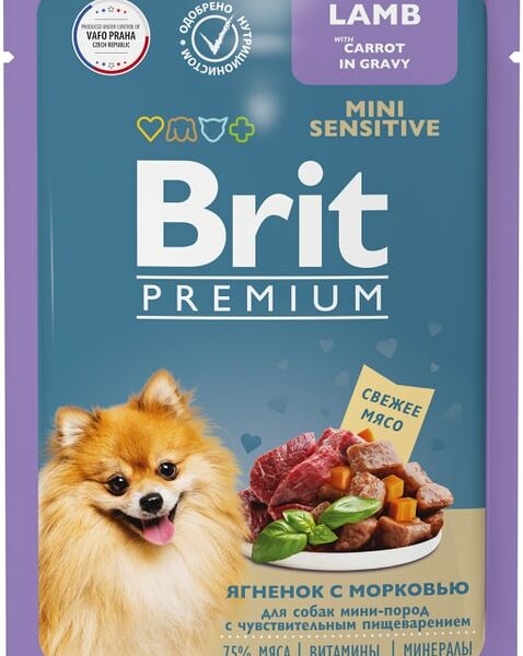 Влажный корм для собак Brit Premium для миниатюрных пород с чувствительным пищеварением Ягненок с морковью 85г