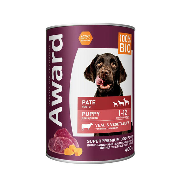 Консервы для щенков Award в виде паштета из телятины с кусочками овощей банка 400г (упаковка - 12 шт)