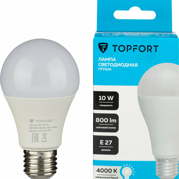 Лампочка светодиодная E27 TOPFORT, 10 Вт, 4000K, груша