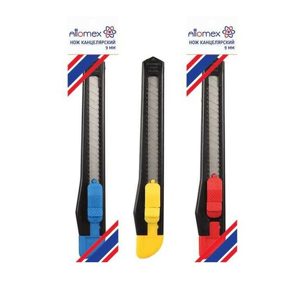 Нож канцелярский Attomex 09 мм пластик. направляющие, ручная блокировка лезвия, пласт. блистер, арт. 4090300