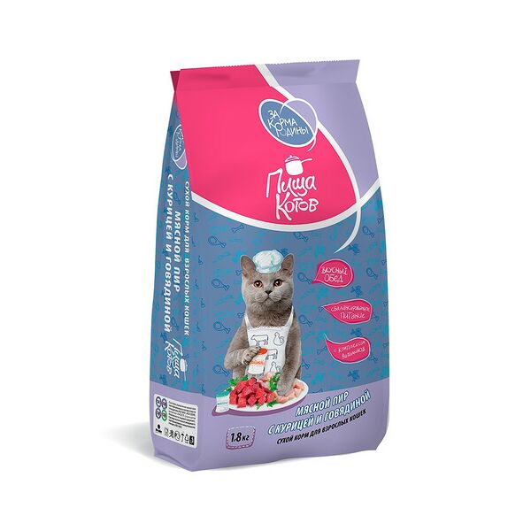 Корм сухой д/взрослых кошек За Корма Родины Пища котов Мясной пир с курицей и говядиной упак 1,8кг