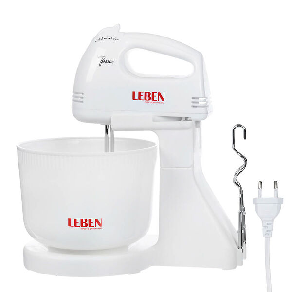Leben миксер кухонный 100вт, 7 скоростей, 2 пары насадок, пластиковая чаша 2л