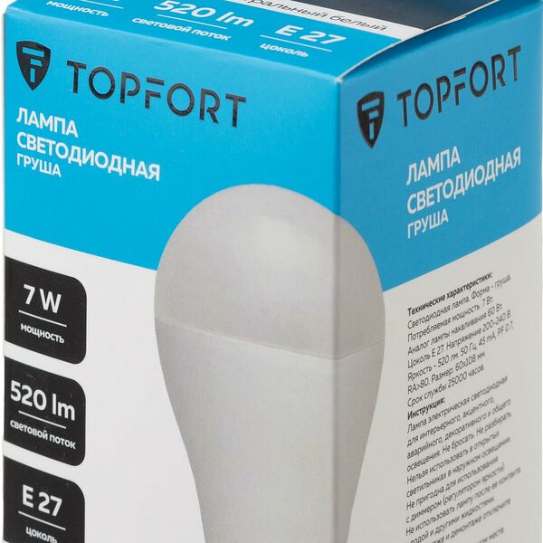 Лампочка светодиодная E27 TOPFORT, 7 Вт, 4000K, груша