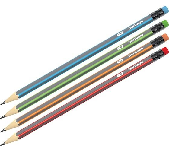 Карандаш чернографитный BERLINGO Triangle HB, трехгранный заточенный, c ластиком, в ассортименте