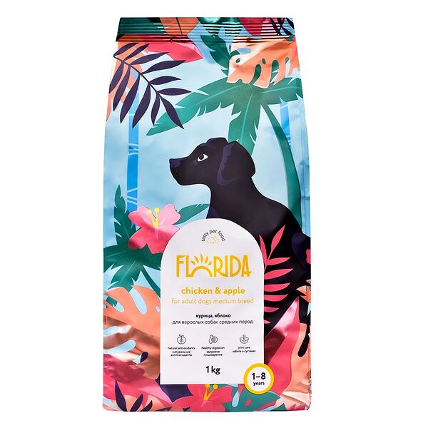 Сухой корм Florida для собак средних пород с курицей и яблоком, 1 кг.