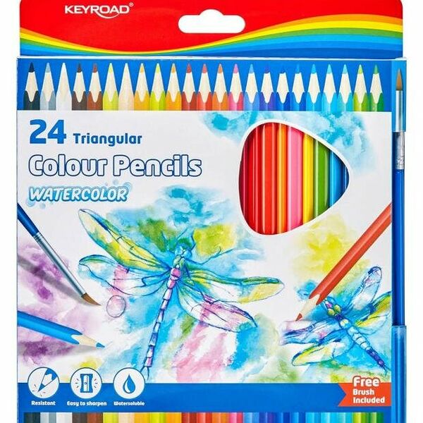 Карандаши цветные акварельные Keyroad с кисточкой, 24 цвета