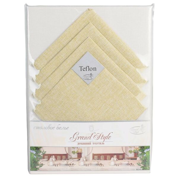 Комплект столового белья: скатерть, 5 предметов, натуральный/олива, п/э, тефлон