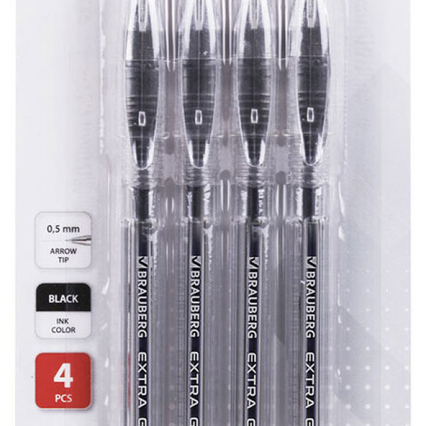 Ручки гелевая BRAUBERG EXTRA черные узел 0,5мм линия 0,35мм, 4 шт