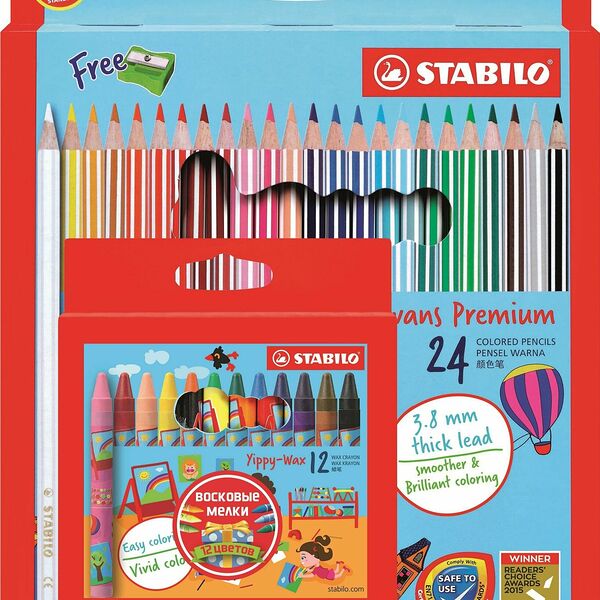 Карандаши цветные Набор STABILO SwansPremium Editional 24 шт +воск мелки 12 шт