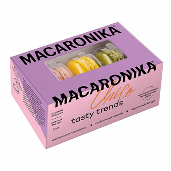 Пирожные Macaronika итальянская горгонзола, клубничный чизкейк, черничный йогурт