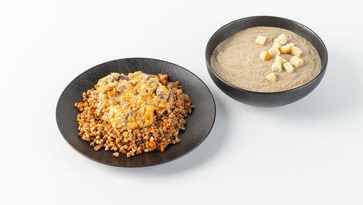 Набор: Крем-суп грибной + Гречка с говядиной в сливочном соусе