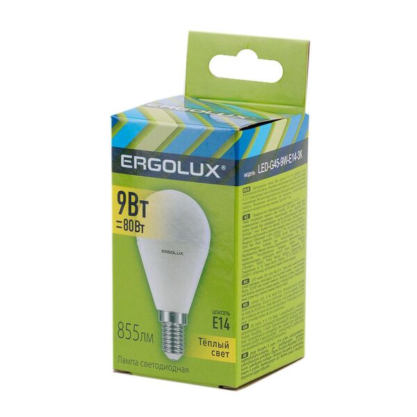 Лампа светодиодная ERGOLUX LED, 9Вт, E14, 3000K, 172-265В, шар