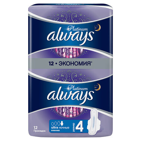 Женские гигиенические прокладки Ultra Platinum Night Duo, Always, 12 шт., размер 4, Германия