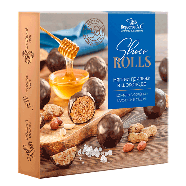 Конфеты грильяж Берестов А.С. Shoco Rolls мягкие с арахисом солью и медом