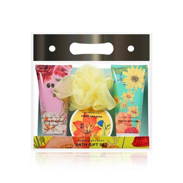 Женский подарочный набор ( лосьон для тела 100мл + гель для душа 100мл + скраб для тела 50мл + мочалка для тела )
