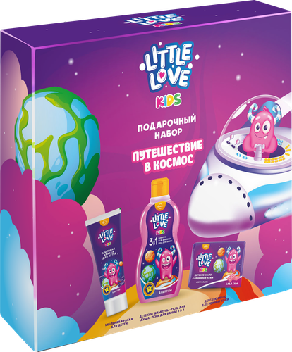 

Набор подарочный детский Little Love Kids Путешествие в космос: Шампунь-гель-пена 3 в 1 240 мл, Детское мыло 90 г, Мыльная краска фиолетовая 75 мл