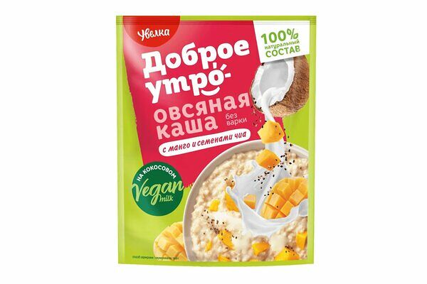 Каша овсяная Увелка на основе кокосового напитка с манго и семенами чиа 40 г