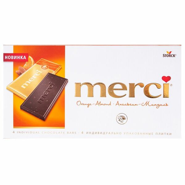 Шоколад горький Merci с соком апельсина и кусочками миндаля, 4x25г