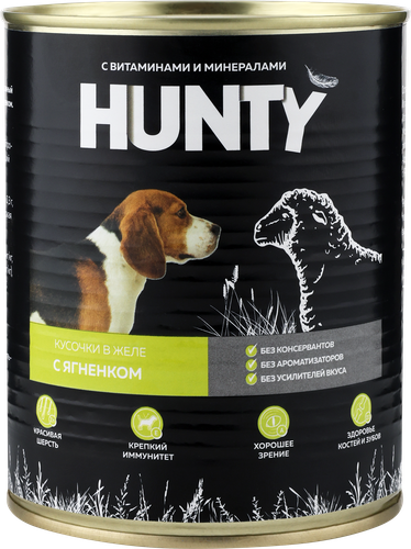 

Корм консервированный для собак HUNTY сочные кусочки в желе с ягненком, 850г