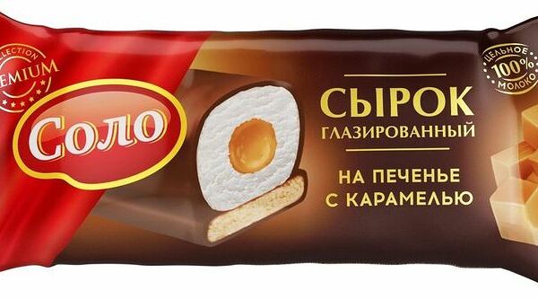 Сырок соло глазированный в шок/глазури на печенье с крамелью жир. 16.5 % ф/пак молоко