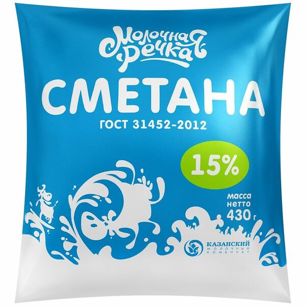 Сметана Молочная речка, 15%, пакет