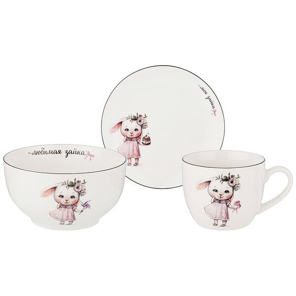 Набор посуды Моя Зайка, 3 предмета (салатник, тарелка, кружка), фарфор