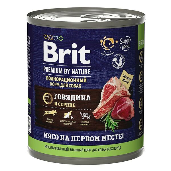 Консервированный корм Brit Premium by Nature для взрослых собак всех пород говядина и сердце 850 г