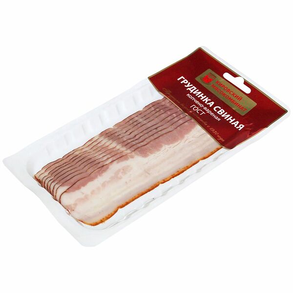 Грудинка свиная Кировский МК копчёно-варёная категории В охлаждённая, 100г