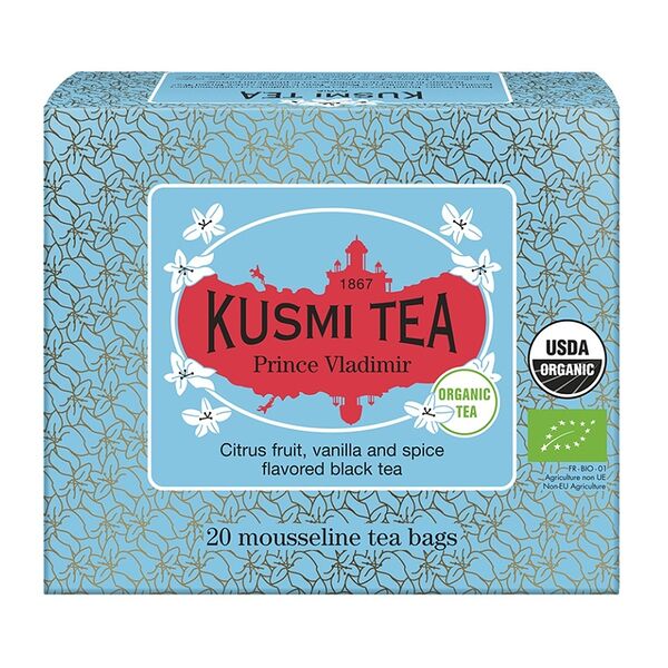 Чай чёрный Prince Vladimir со вкусом цитрусовых, ванили и специй органический пакетированный, Kusmi Tea, 20*2 г, Франция