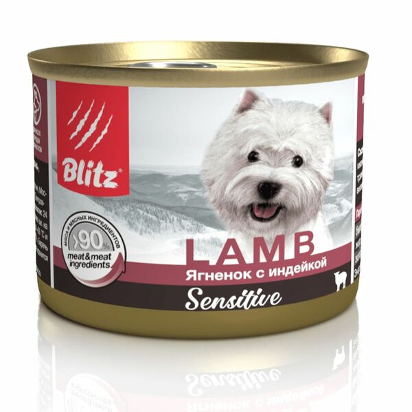 Корм для собак BLITZ Sensitive ягненок с индейкой суфле банка 200г (упаковка - 24 шт)