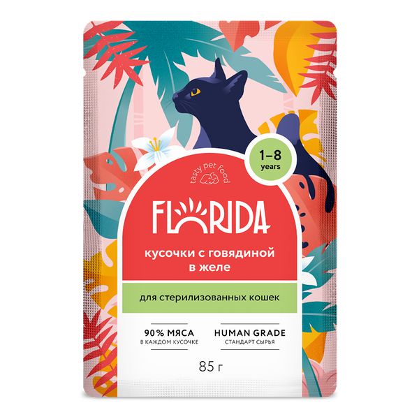 Влажный корм FLORIDA кусочки с говядиной в желе 85 г