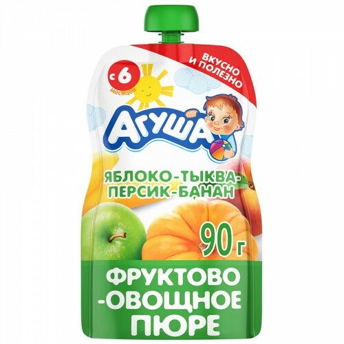 Пюре фруктово-овощное Агуша яблоко-тыква-персик-банан с 6 месяцев