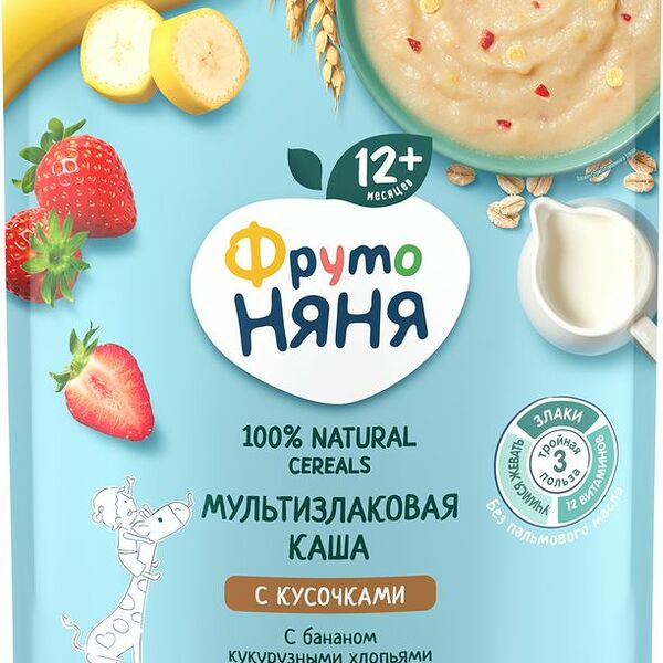 Каша детская Фрутоняня, мультизлаковая, молочная банан-кукурузные хлопья-кусочки клубники с 1 года, 200г