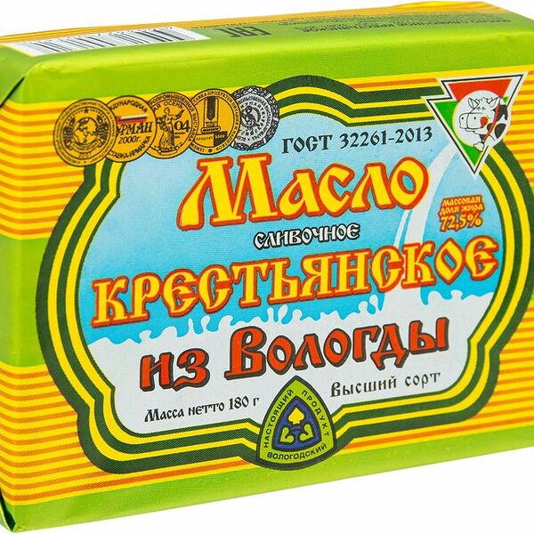 Масло сливочное Из Вологды Крестьянское 72.5%, 180г
