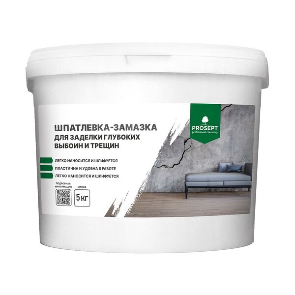 Шпатлевка-замазка для заделки глубоких выбоин и трещин PROSEPT Plastix, готовая, белая, 5 кг