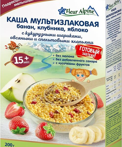 Каша Fleur Alpine Готовый завтрак мультизлаковая Банан Яблоко Клубника с 15 месяцев 200г