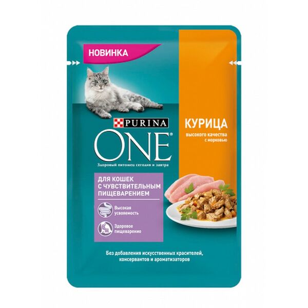 Purina One пауч для кошек с чувствительным пищеварением (кусочки в подливе) Курица