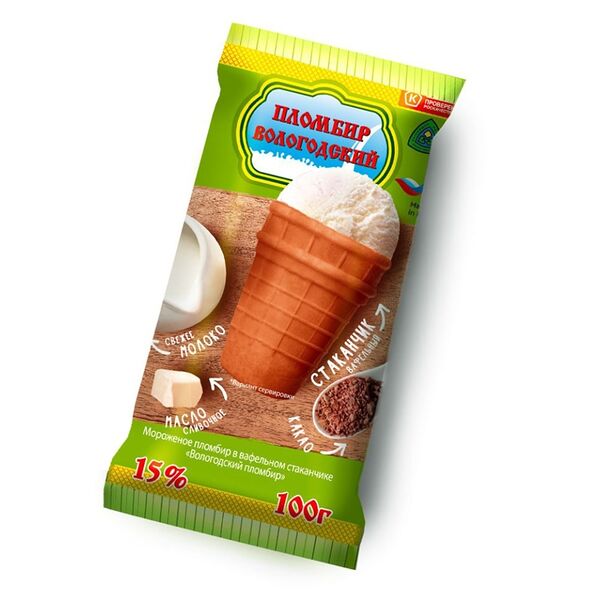 Мороженое Пломбир Вологодский ванильный 15% вафельный стаканчик 100 г