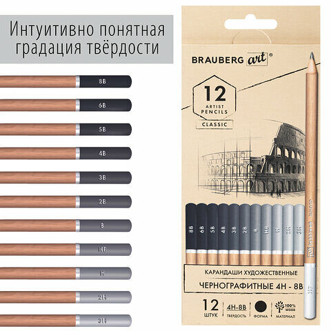 Набор карандашей чернографит Brauberg Art classic 12шт 4H-8B  худож  181542