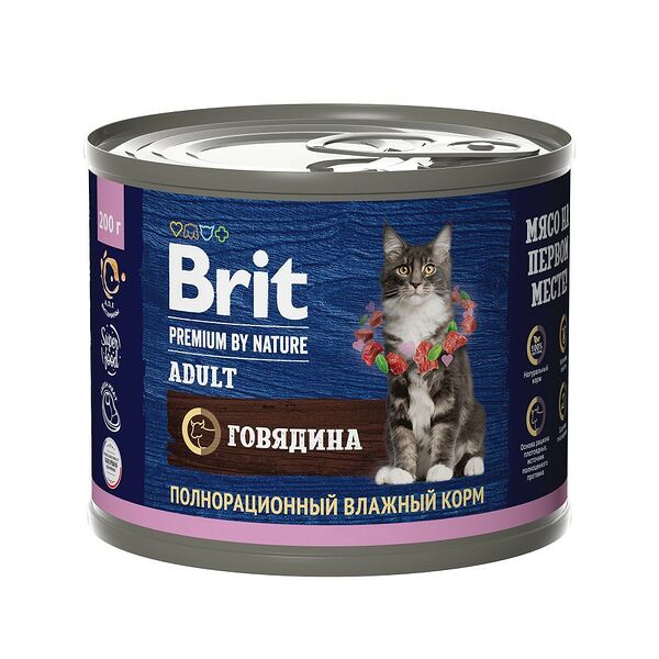 Корм для кошек BRIT Premium by Nature мясо говядины банка