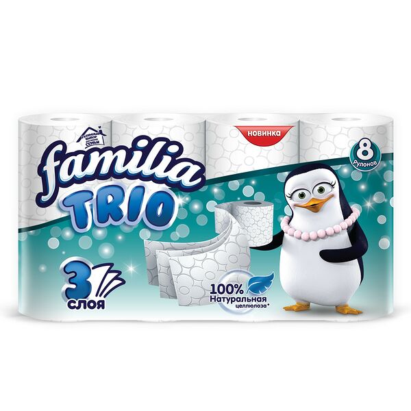 Бумага туалетная Familia Trio Белая, 3 слоя, 8 рулонов